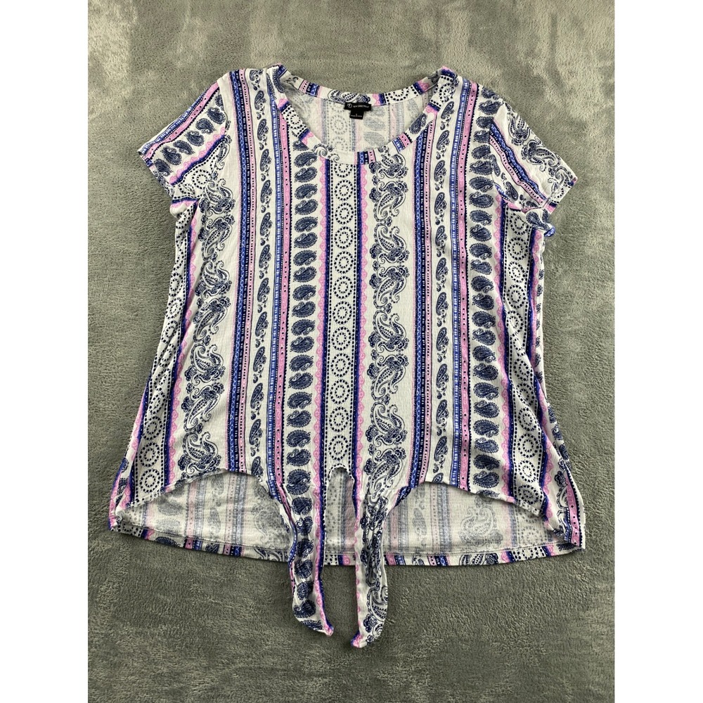 New Directions Womens Paisley Striped Tie Front Short Sleeve Ribbed Top Large